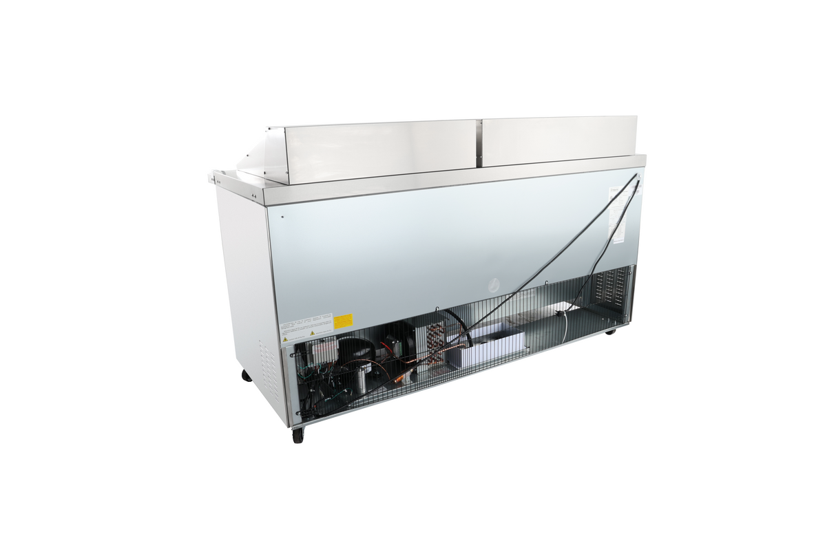A commercial refrigerated display case with a transparent glass front, metallic base, exposed Empura refrigeration components at the bottom, and wheels for mobility—ideal for showcasing chilled food or drinks in retail settings.