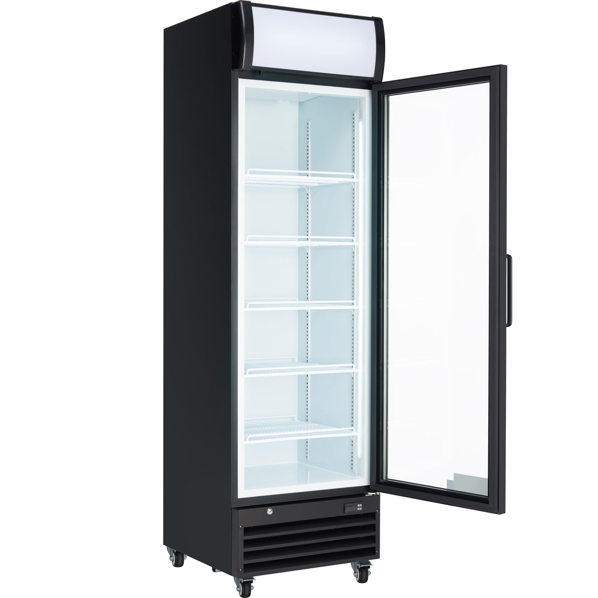 A tall, black Empura Refrigeration glass door refrigerator with caster wheels features a right-opening glass door. The interior includes six empty white wire shelves and bright lighting, while a blank curved sign panel sits atop this refrigerated merchandiser.