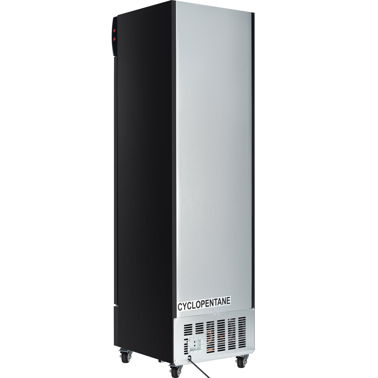 A tall, upright Empura refrigeration unit on wheels is shown at an angle. The front is silver with black sides and a vented panel at the bottom labeled CYCLOPENTANE. A black cord extends from the base onto the floor.