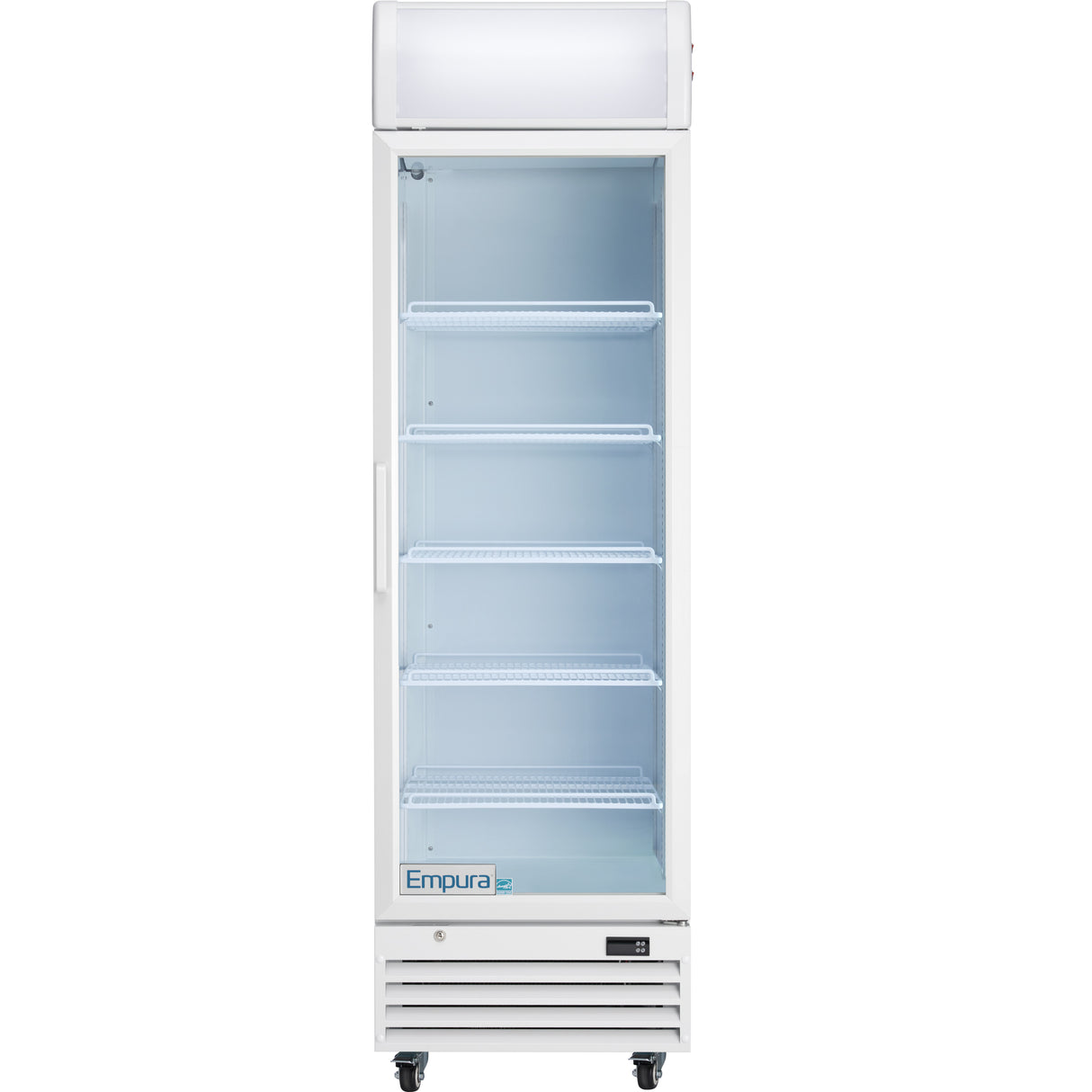 A tall, single-door commercial refrigerated merchandiser with a glass front, white frame, and four wire shelves. The Empura EGM-13W features wheels, a bottom vent and digital display, and the Empura brand label near the base.