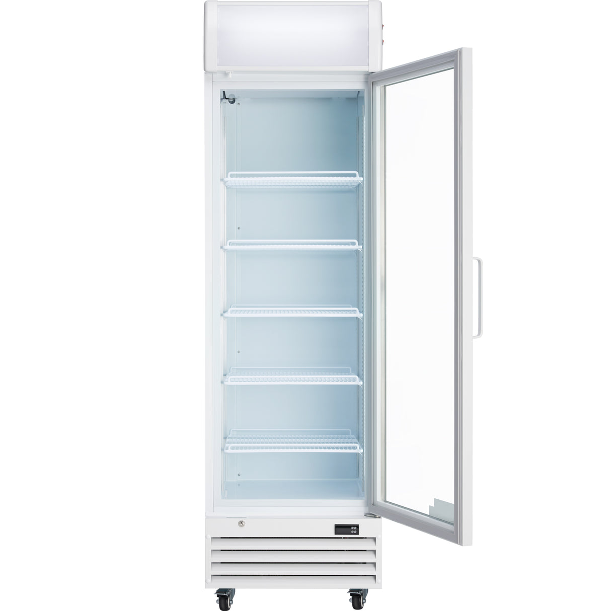 A tall, white Empura EGM-13W commercial refrigerated merchandiser with a glass door is open, revealing five empty wire shelves. The unit stands on four black wheels and features a vent panel at the bottom. The interior is brightly lit and clean.