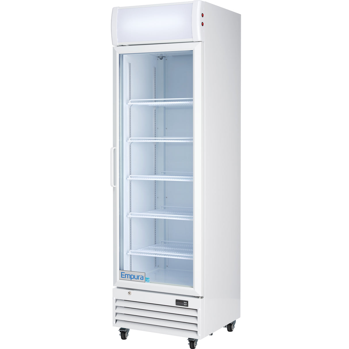 A tall, white Empura EGM-13W commercial refrigerated merchandiser with a glass door, five adjustable wire shelves, and a vented bottom panel on wheels. The empty interior highlights its spacious commercial refrigeration design.