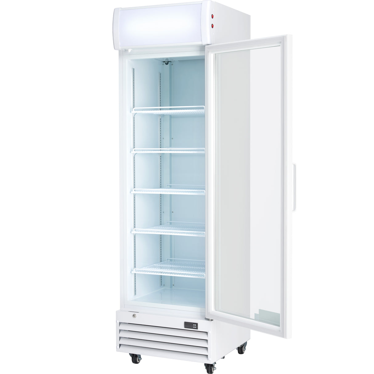 A commercial refrigerated merchandiser, such as the Empura EGM-13W, stands open with five empty wire shelves inside. This clean, well-lit unit features a glass door, vented base, wheels for mobility, and a bright rectangular light panel above.