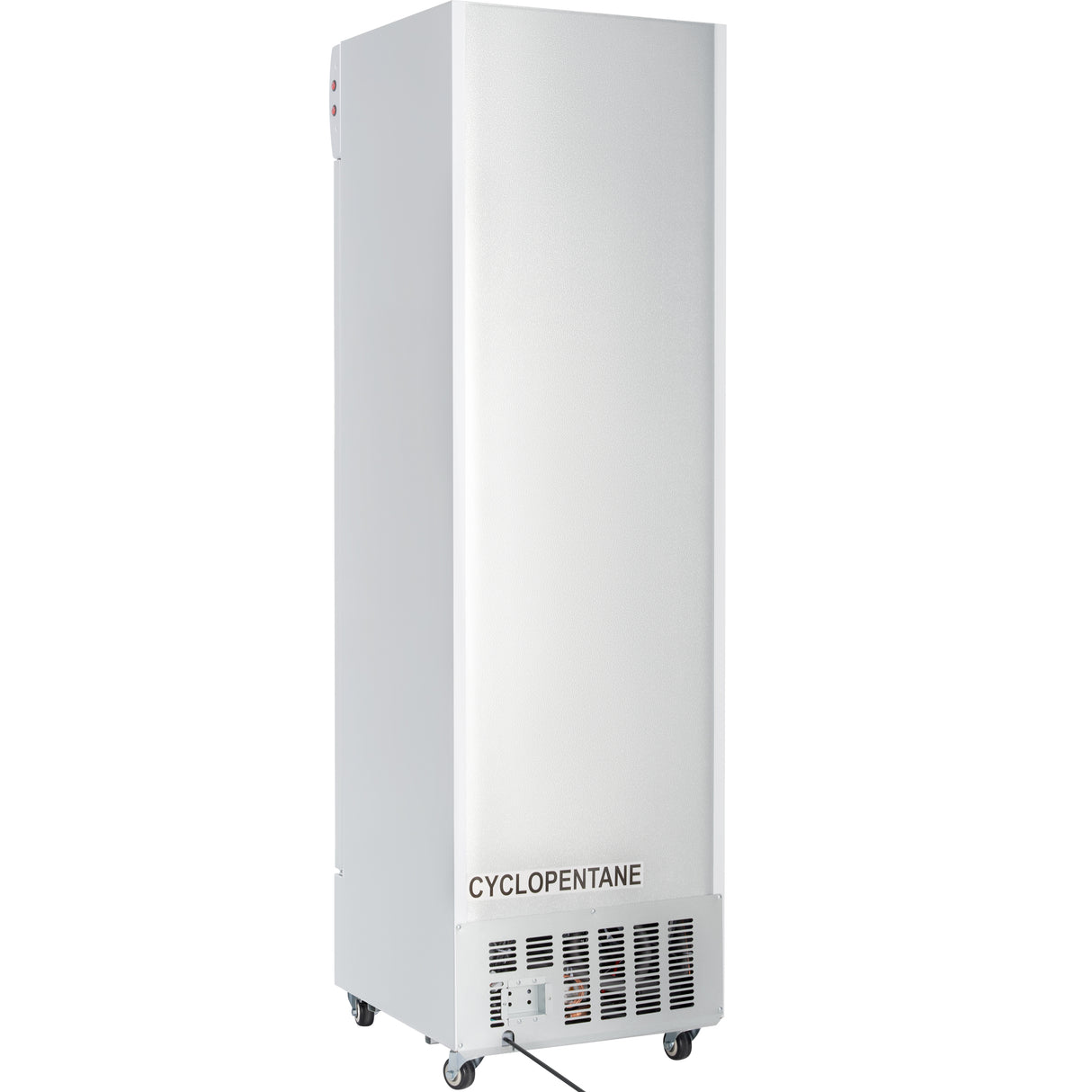 A tall, upright white commercial refrigerated merchandiser on wheels with a textured front door. The word CYCLOPENTANE is printed near the vented bottom panel, which features a power switch and indicator lights.