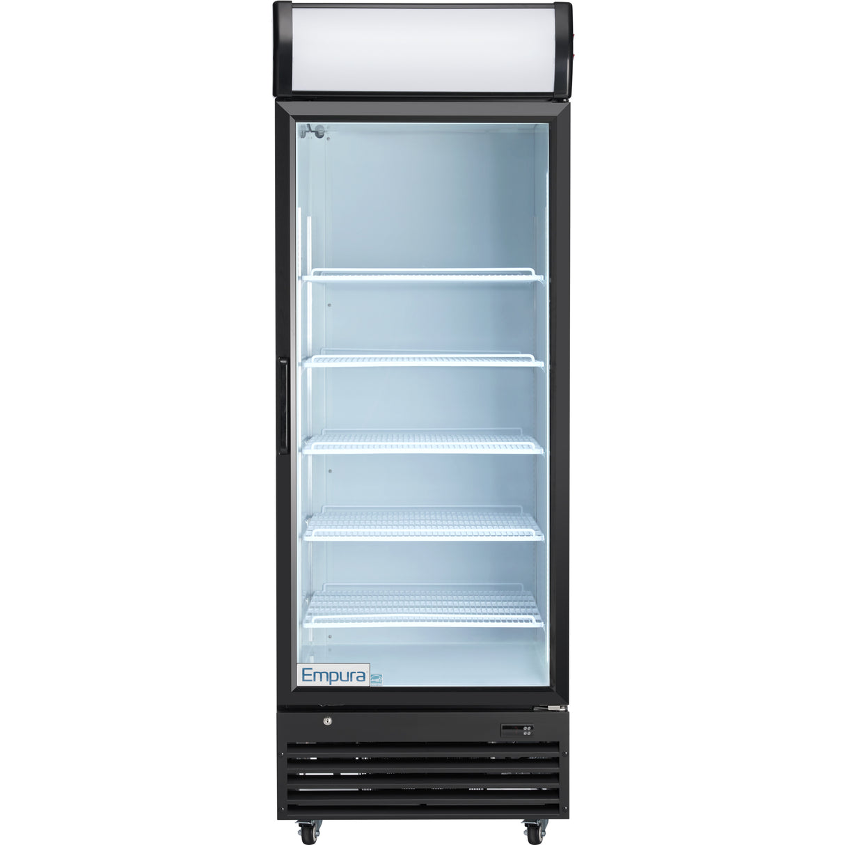 A commercial Empura EGM-23B refrigerated merchandiser with a black frame, white interior, four wire shelves, and a lit display panel. The fridge is empty, on wheels, ideal for commercial food storage, with the "Empura" brand at the bottom left.