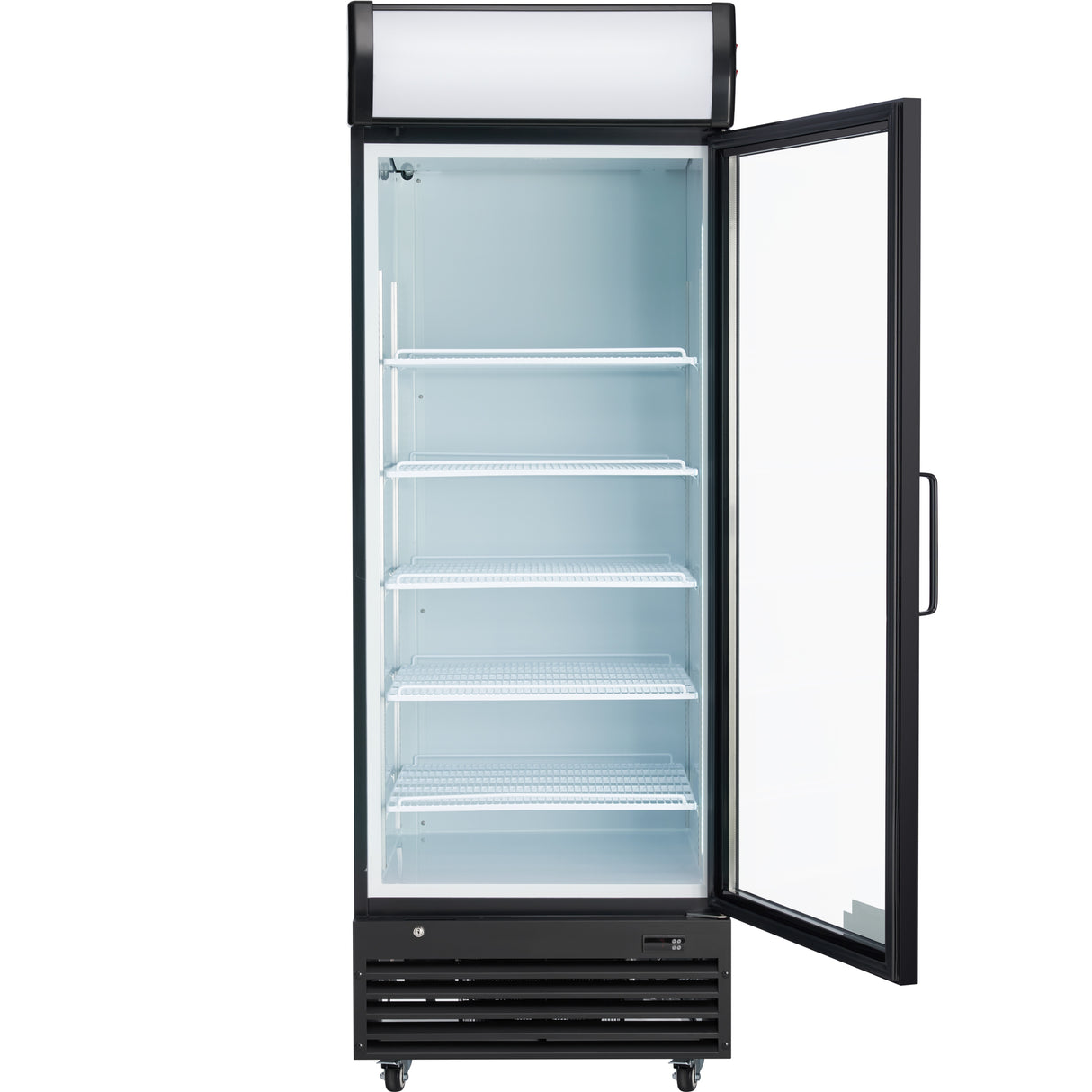 A tall Empura EGM-23B refrigerated merchandiser with a glass door open to the right reveals four empty wire shelves. Perfect for commercial food storage, it features a black frame, right-edge handle, bottom vent, and a blank white sign panel on top.