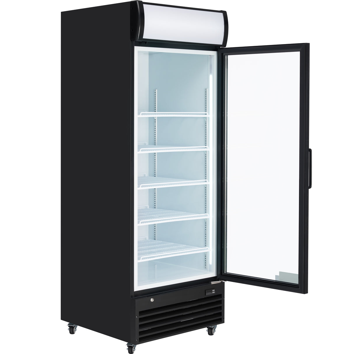 A tall, black Empura EGM-23B refrigerated merchandiser with a glass door is open, revealing five empty white wire shelves. Ideal for commercial food storage, it features wheels for mobility and a lighted display panel atop the brightly lit interior.