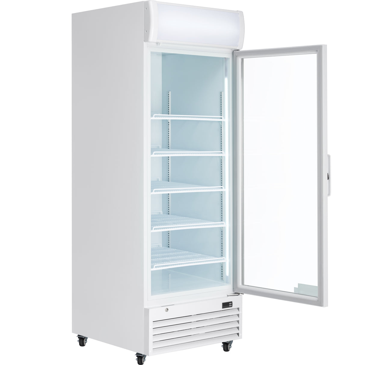 A tall, white commercial display refrigerator with a clear glass door stands open, revealing five empty wire shelves inside. The fridge has wheels on the bottom, a vented section near the base, and a lit display panel at the top.