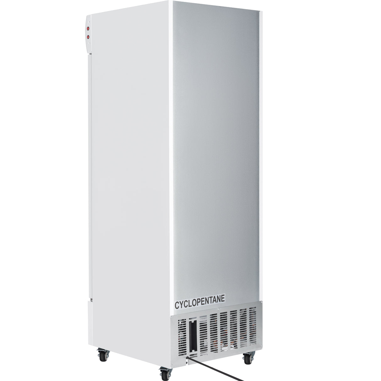 A tall, upright, silver refrigerated merchandiser on wheels is shown at an angle. Vents and the word CYCLOPENTANE are visible near the base, and a power cord extends from the bottom back of the unit. The background is plain white.