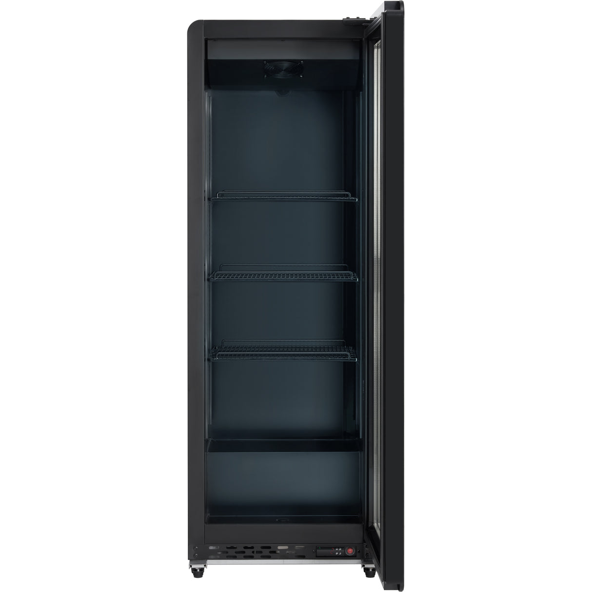 A tall, black glass door refrigerator stands upright with its door open, revealing three metal wire shelves inside. The empty interior is well-lit, and the control panel of this refrigerator merchandiser is visible at the bottom right corner.