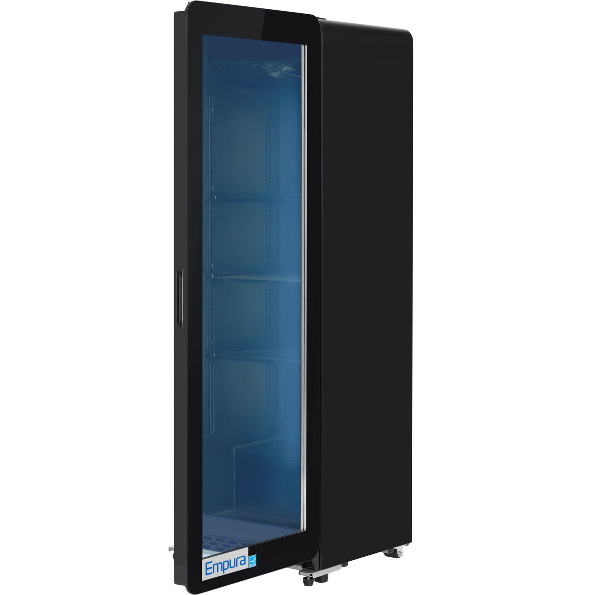 A black upright glass door refrigerator merchandiser with a blue-tinted interior, several adjustable metal shelves, and the Empura brand on the front bottom panel. This commercial refrigeration unit is empty and shown against a white background.
