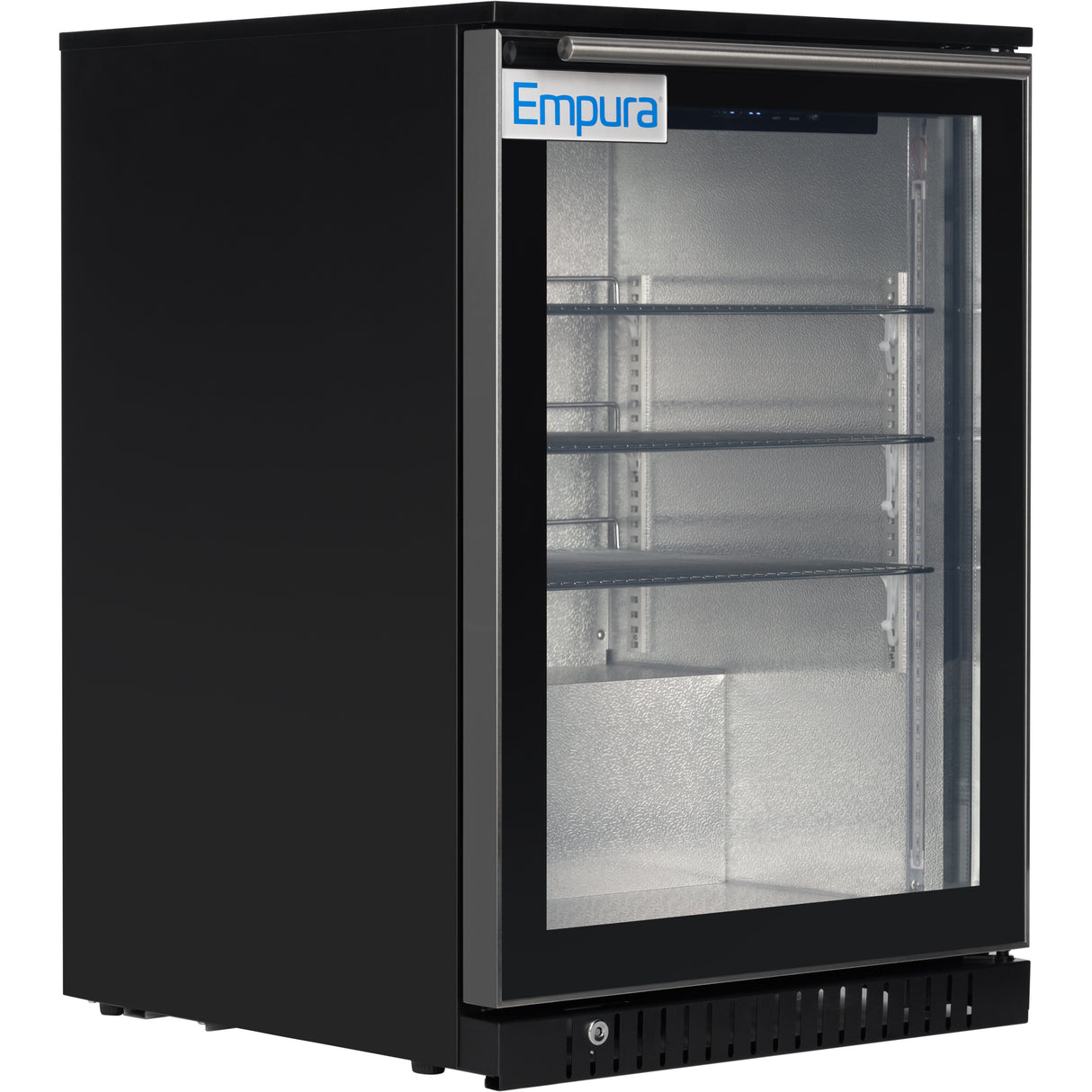 A black Empura merchandiser refrigerator with a label at the top features three adjustable metal shelves. The transparent door reveals the empty interior and textured silver back panel, making it ideal for displaying items.