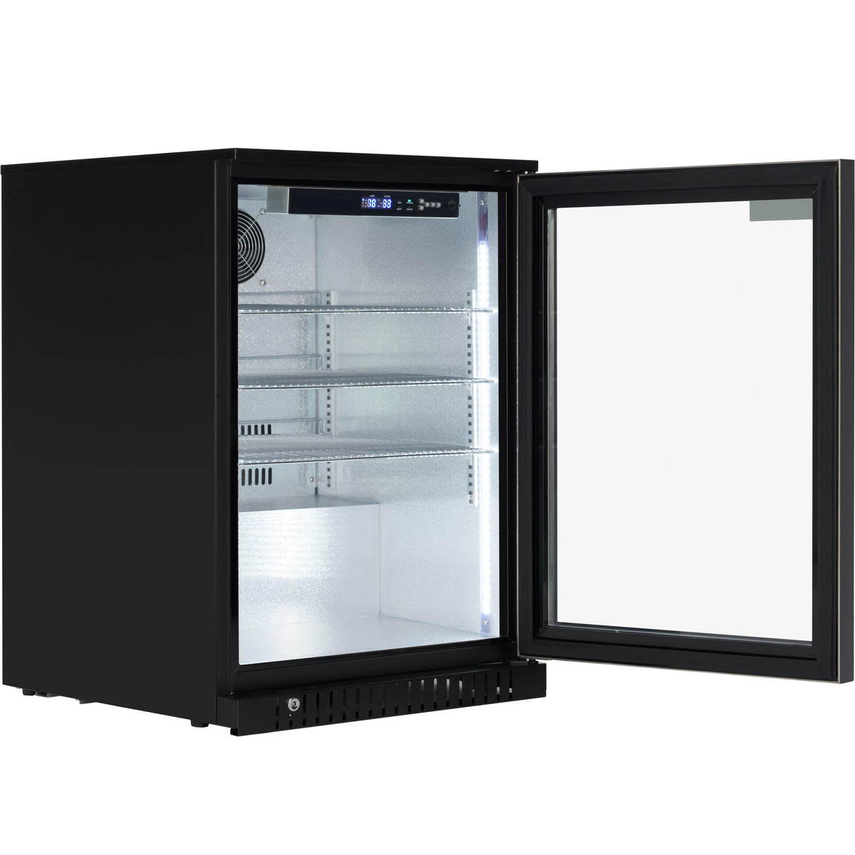 A black undercounter refrigerator with a glass door that is open, revealing an empty interior with three adjustable wire shelves and LED lighting. The control panel and temperature display are set at the top inside edge.