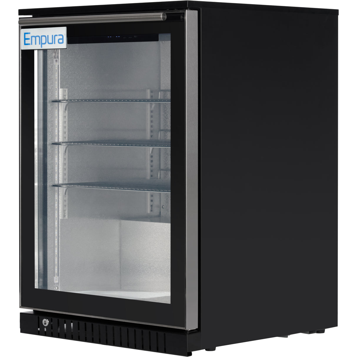 A black merchandiser refrigerator with a glass door, three adjustable metal shelves, and a vent at the bottom. The brand Empura is labeled on the top left of the door. The interior is empty and well-lit.