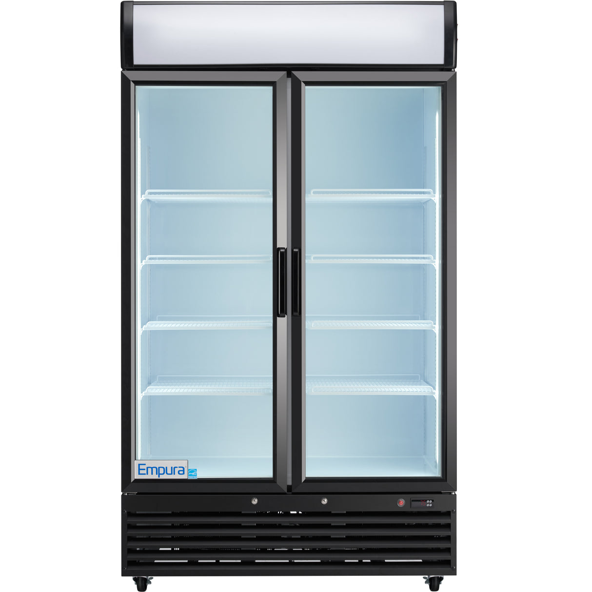 A commercial refrigerated merchandiser with two clear glass swing doors, a black frame, and five empty white wire shelves. The interior is brightly lit, and the unit stands on small legs. The Empura brand label appears on the lower left corner.