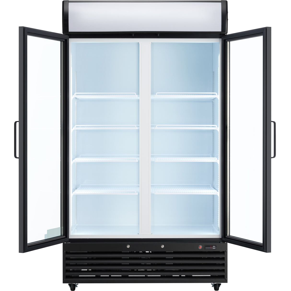 A commercial refrigerator with two glass swing doors stands open, revealing five empty white wire shelves on each side. The interior is brightly lit; the exterior is black with a vented bottom panel and blank white display area at the top.