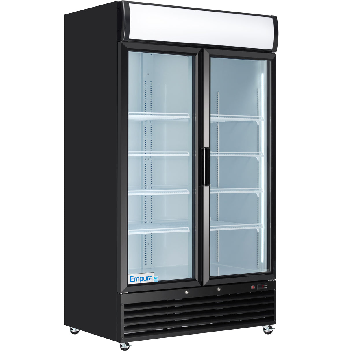 A commercial refrigerator with glass swing doors, a black frame, adjustable white wire shelves, and Empura branding. This refrigerated merchandiser features a vented base and a bright lighted top panel for product visibility.
