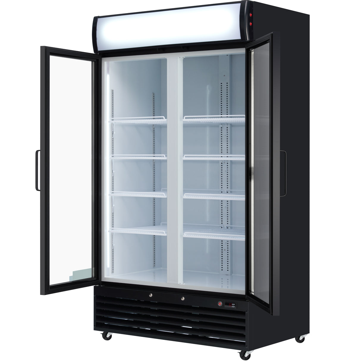 A commercial refrigerator with glass swing doors is shown, one door open to reveal bright lighting and adjustable white shelves. The refrigerated merchandiser stands on wheels, features a vented bottom panel, and has a blank lightbox at the top.