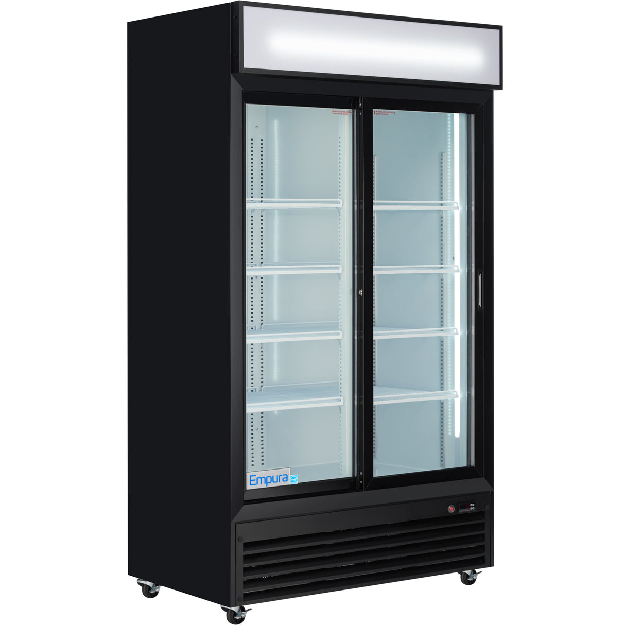 A commercial refrigerator with a black exterior, two glass sliding doors, interior shelves, and a blank lighted sign panel on top. This refrigerated merchandiser sits empty on small wheels with a vented compressor panel at the bottom.