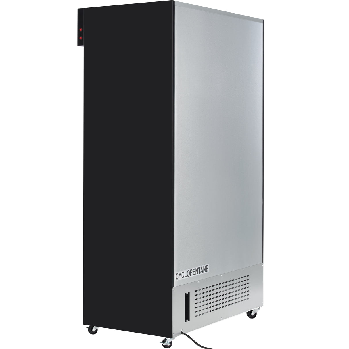 A large, rectangular, silver and black commercial refrigerator on small wheels. The front panel has a vent and a label that reads CYCLOPENTANE. An electrical cord extends from the bottom corner. Ideal as a refrigerated merchandiser.
