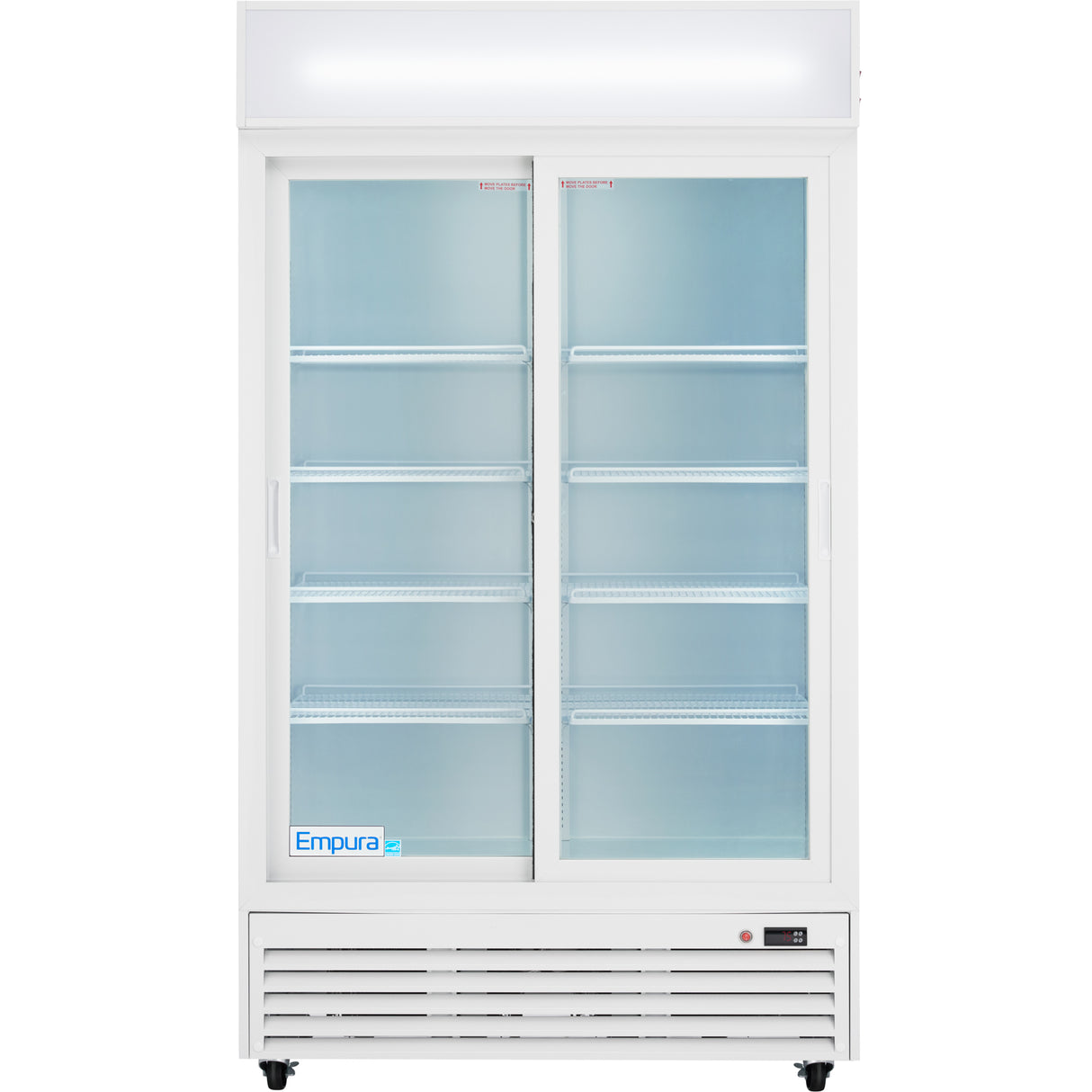 A commercial refrigerated merchandiser with a white frame, featuring two sliding glass doors and six empty wire shelves. The unit offers temperature control, a lit display panel on top, vented base, and Empura logo on the lower left door.