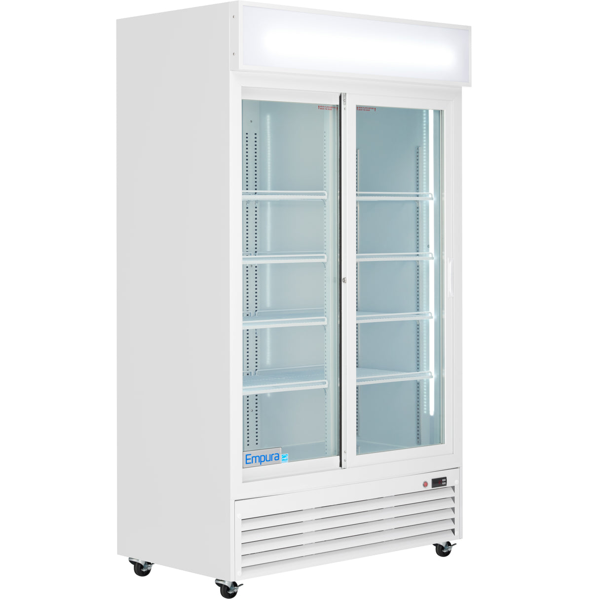 A commercial refrigerated merchandiser, this white upright Empura unit features two glass doors, interior shelves, temperature control, a lit sign panel on top, and wheels for mobility—ideal foodservice equipment for showcasing chilled products. Shelves are empty.