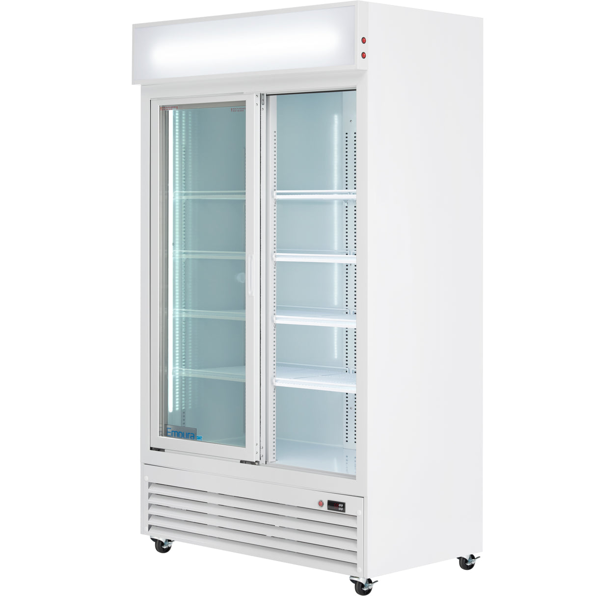 A commercial refrigerated merchandiser with a white exterior, clear double sliding glass doors, interior shelves for storage, LED lighting, and bottom ventilation grilles. It features temperature control and stands on four wheels with a lit panel on top.