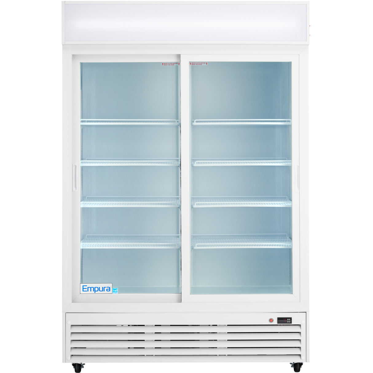 A commercial refrigerated merchandiser with two sliding glass doors, several empty wire shelves, and a white exterior. The Empura Refrigeration ESM-42W name is visible on the lower left, with a digital control panel at the bottom right.