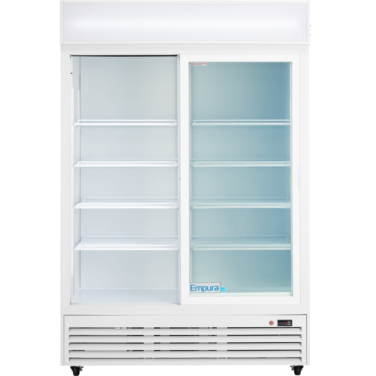 A large, white Empura Refrigeration ESM-42W commercial refrigerated merchandiser with two sliding glass doors and multiple adjustable wire shelves. The well-lit glass door merchandiser is empty, with the Empura label on the bottom right door.