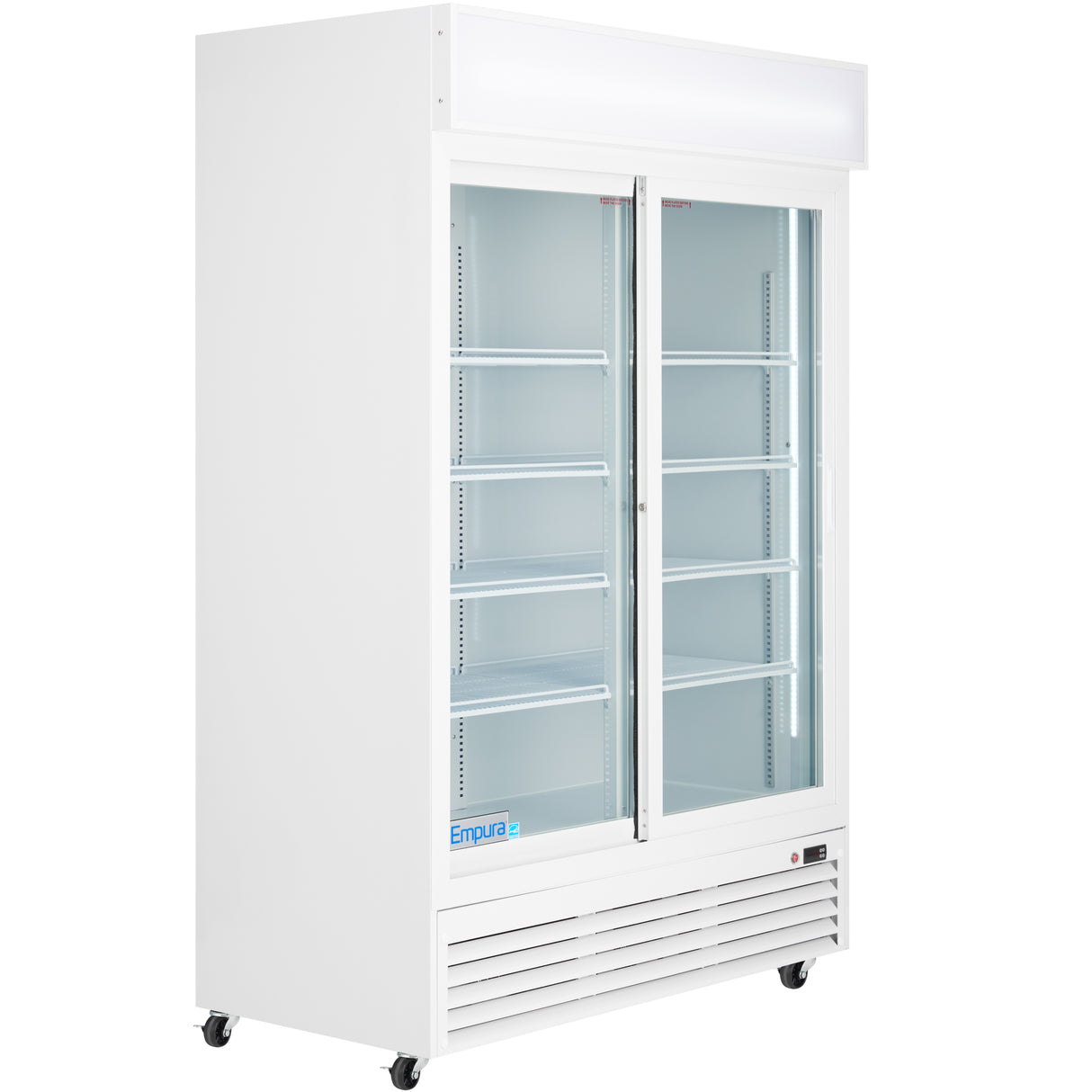 The Empura Refrigeration ESM-42W is a commercial glass door merchandiser featuring two sliding doors, adjustable shelves, a white exterior, vent panel, casters for mobility, and a lighted top display panel—ideal for showcasing chilled products.