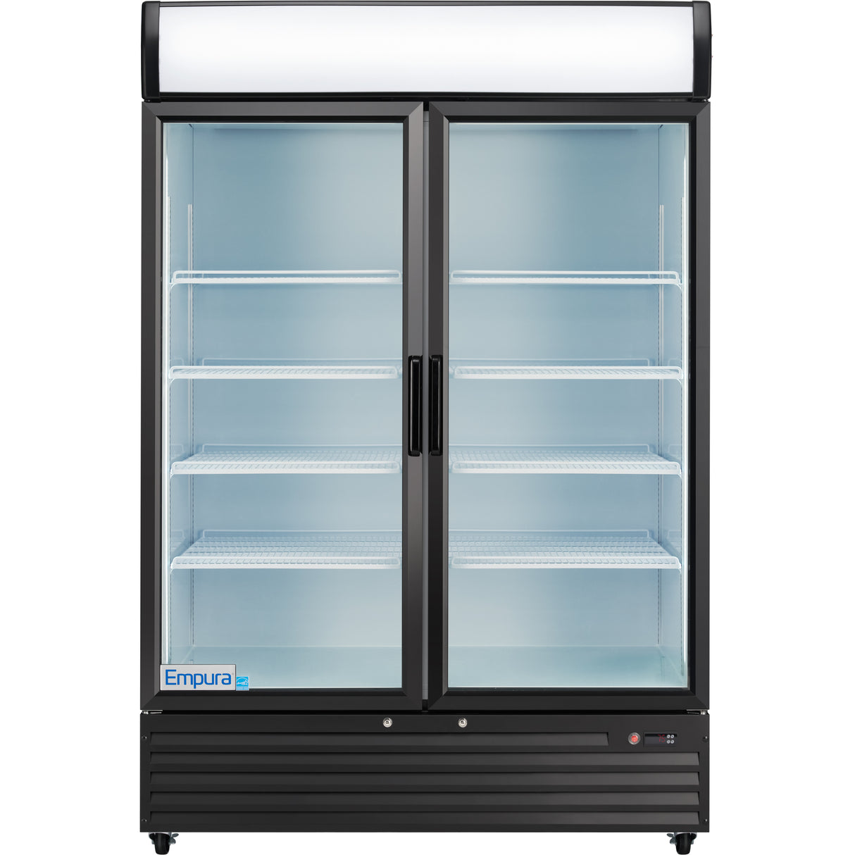 A temperature-controlled Empura EGM-50B commercial refrigerated merchandiser with two clear glass doors, black frame, four empty wire shelves, a white display panel on top, vertical handles, and an Empura logo on the bottom left corner.