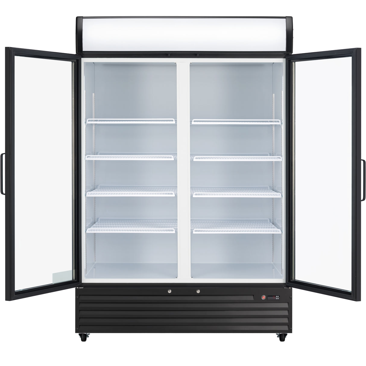A commercial refrigerated merchandiser with both glass doors open reveals six empty white wire shelves inside. The Empura EGM-50B features a black exterior, door handles, and a bottom panel with a vent and control buttons on the right side.