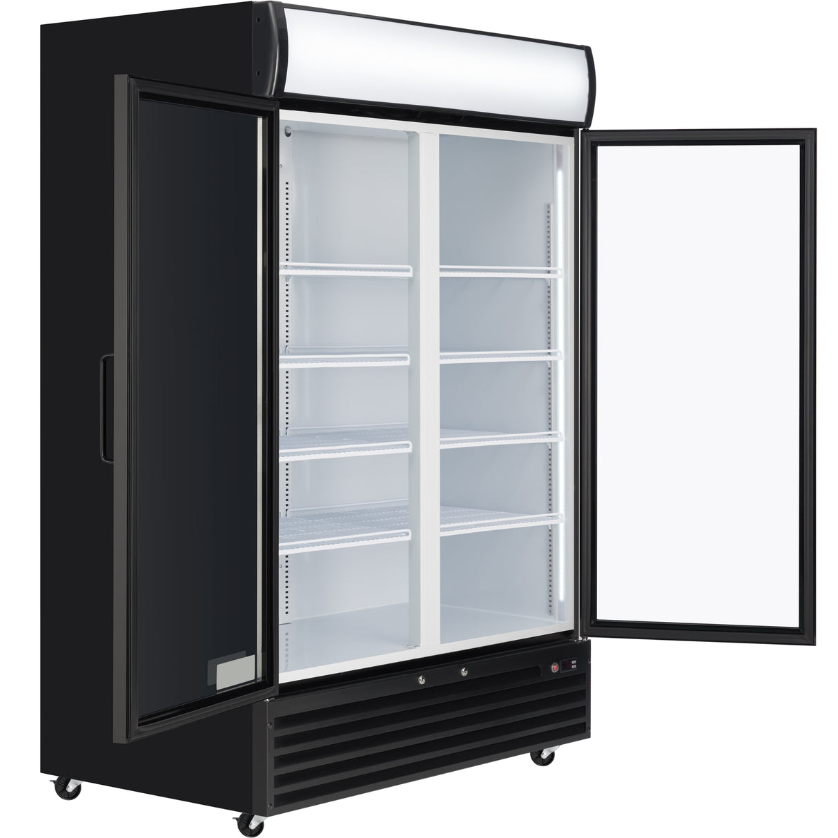 A large Empura EGM-50B commercial refrigerated merchandiser with two glass doors—one open, one closed—reveals empty white shelves. This temperature-controlled display features wheels and a blank illuminated sign atop its modern, sleek black exterior.