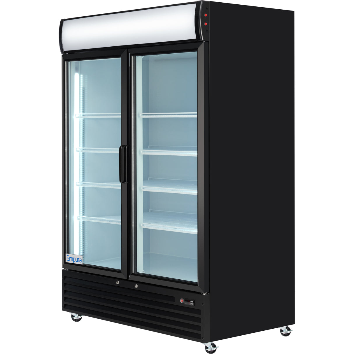 A black Empura EGM-50B commercial refrigerated merchandiser on wheels, with two sliding glass doors. Bright interior lighting highlights empty white shelves, while a blank white panel above offers space for signage in this temperature-controlled display.