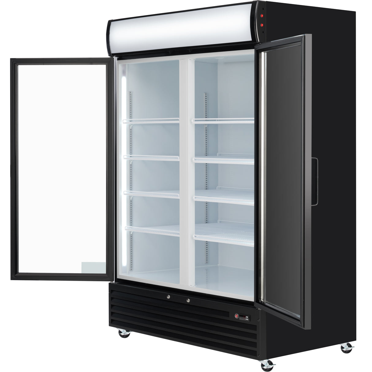 A commercial refrigerated merchandiser, the Empura EGM-50B features black glass double doors—one open, one closed—five white shelves, a blank white display panel, bottom front vent, wheels, and a spacious temperature-controlled display interior.
