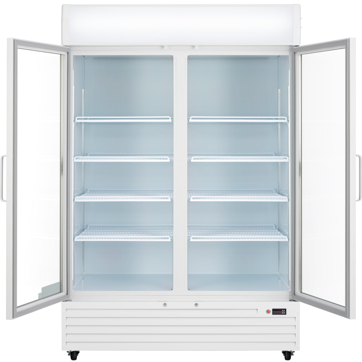A commercial refrigerated merchandiser, the Empura Refrigeration EGM-50W features two wide-open glass doors, six wire shelves, and bright interior lighting. The white unit is empty, with a control panel and ventilation grill visible at the bottom front.