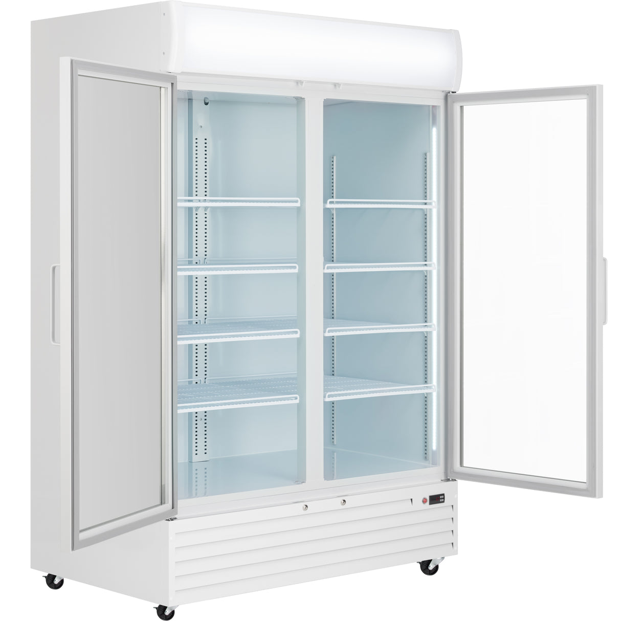 The Empura Refrigeration EGM-50W is a commercial refrigerated merchandiser featuring a white frame, two large sliding doors (one open, one closed), adjustable wire shelves, and caster wheels—ideal for versatile foodservice refrigeration needs.