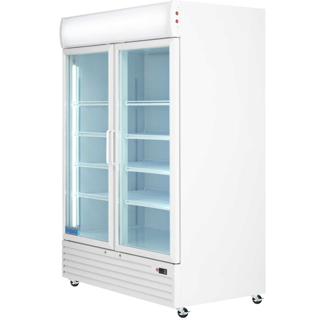 The Empura Refrigeration EGM-50W is a large commercial refrigerated merchandiser featuring two clear glass sliding doors, vertical LED lighting, four adjustable shelves, caster wheels, and a vented front grille—ideal for any foodservice refrigeration needs.