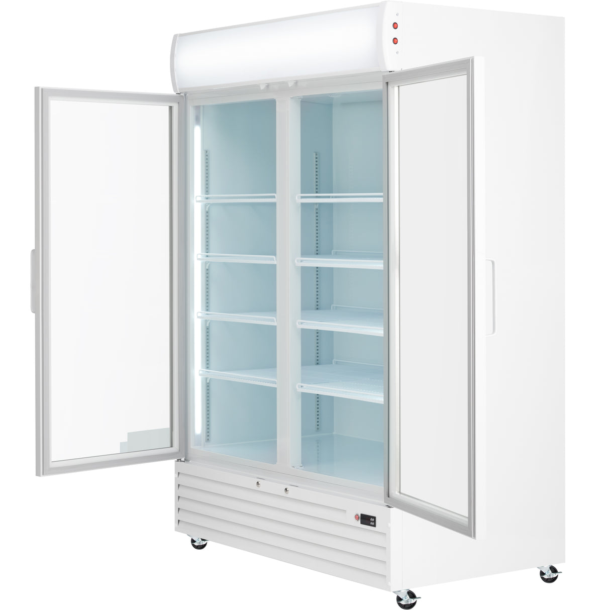 The Empura Refrigeration EGM-50W is a commercial refrigerated merchandiser featuring a glass double door, six adjustable shelves, bright interior lighting, and wheels for mobility—ideal for versatile foodservice refrigeration needs.