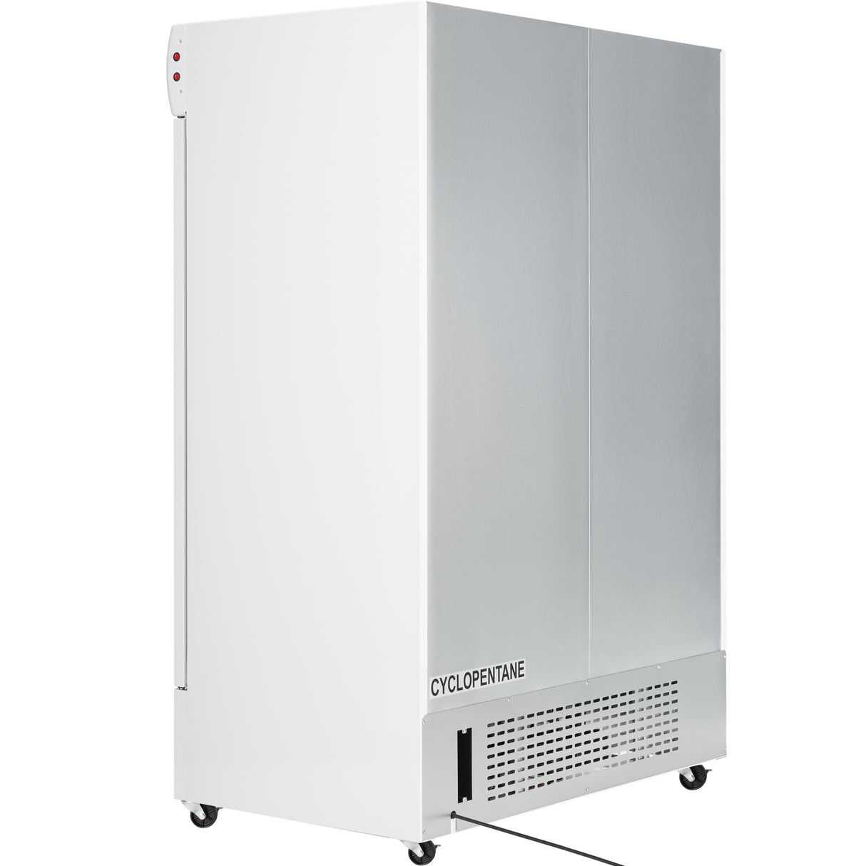 A large Empura Refrigeration EGM-50W commercial refrigerated merchandiser stands on four small wheels. The front features vented panels labeled CYCLOPENTANE, two red indicator lights on the side, and a black cord extending from the unit.
