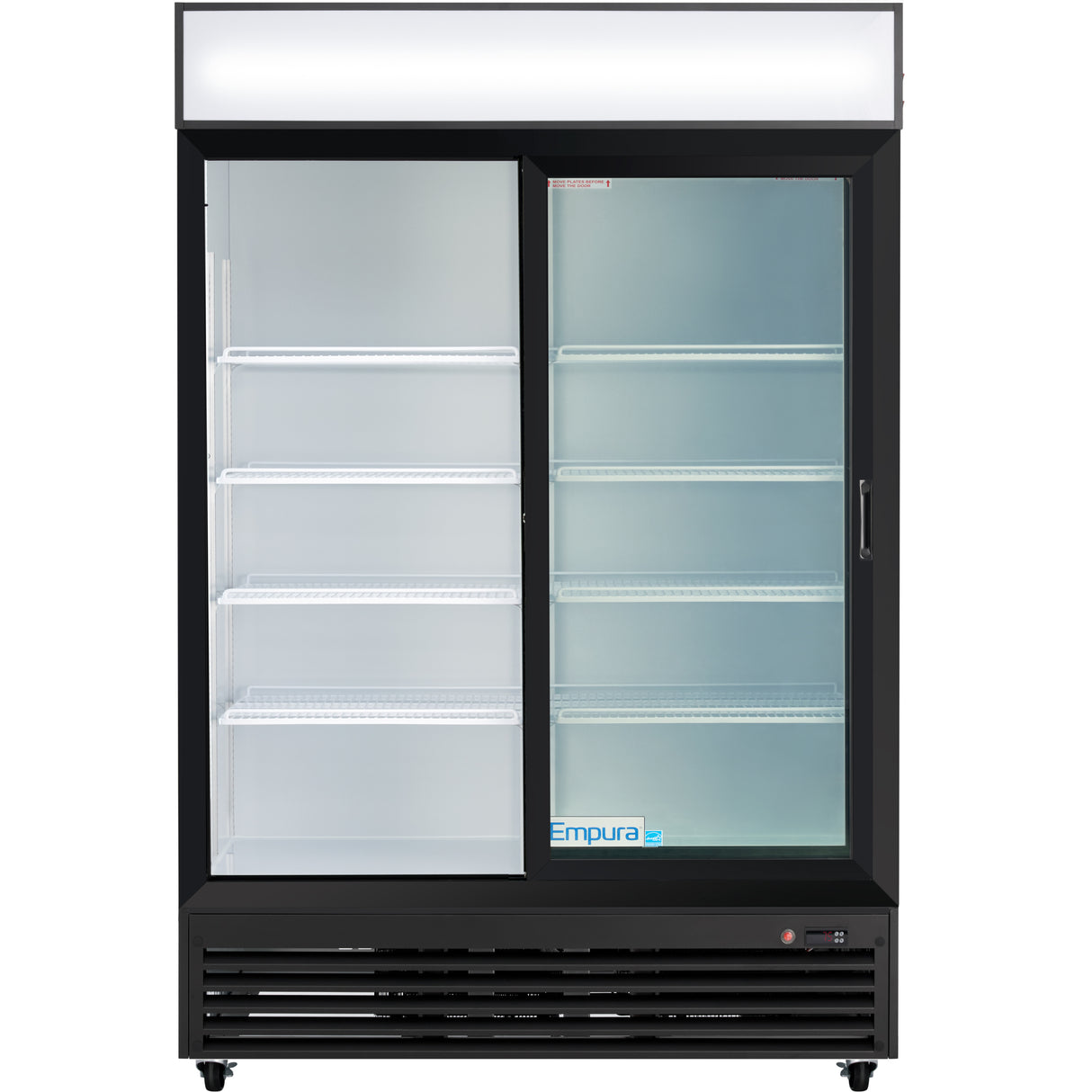 A commercial merchandiser refrigerator with two sliding doors, a black frame, and four adjustable white shelves. The left door is frosted, the right is clear for product display, and the Empura logo appears inside on the lower right.