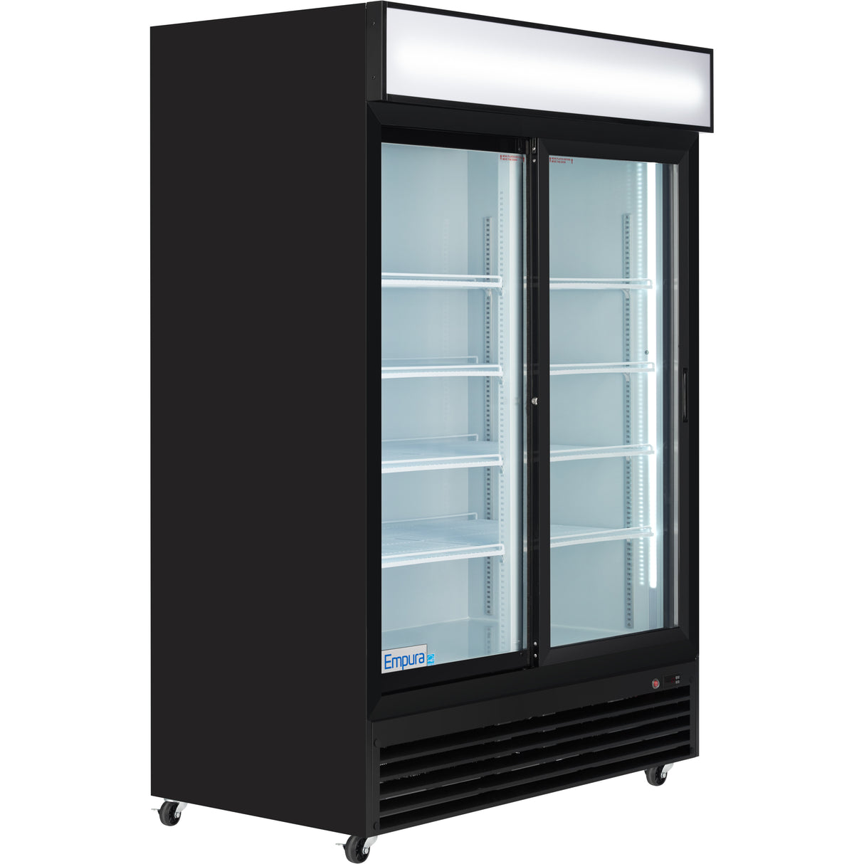 A merchandiser refrigerator with a black exterior, two sliding glass doors, and adjustable shelves offers flexible refrigerated storage. It features castor wheels and a blank white lighted display panel at the top for custom signage.