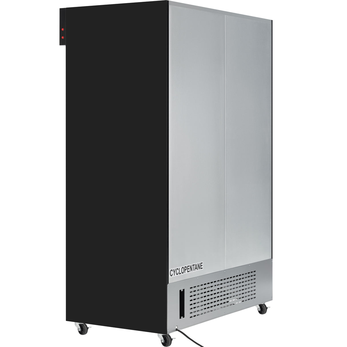 A large, rectangular, silver and black merchandiser refrigerator stands on four small wheels. The front panel has ventilation slots and the word CYCLOPENTANE printed on it. A power cord extends from the bottom; its surface appears smooth and metallic.