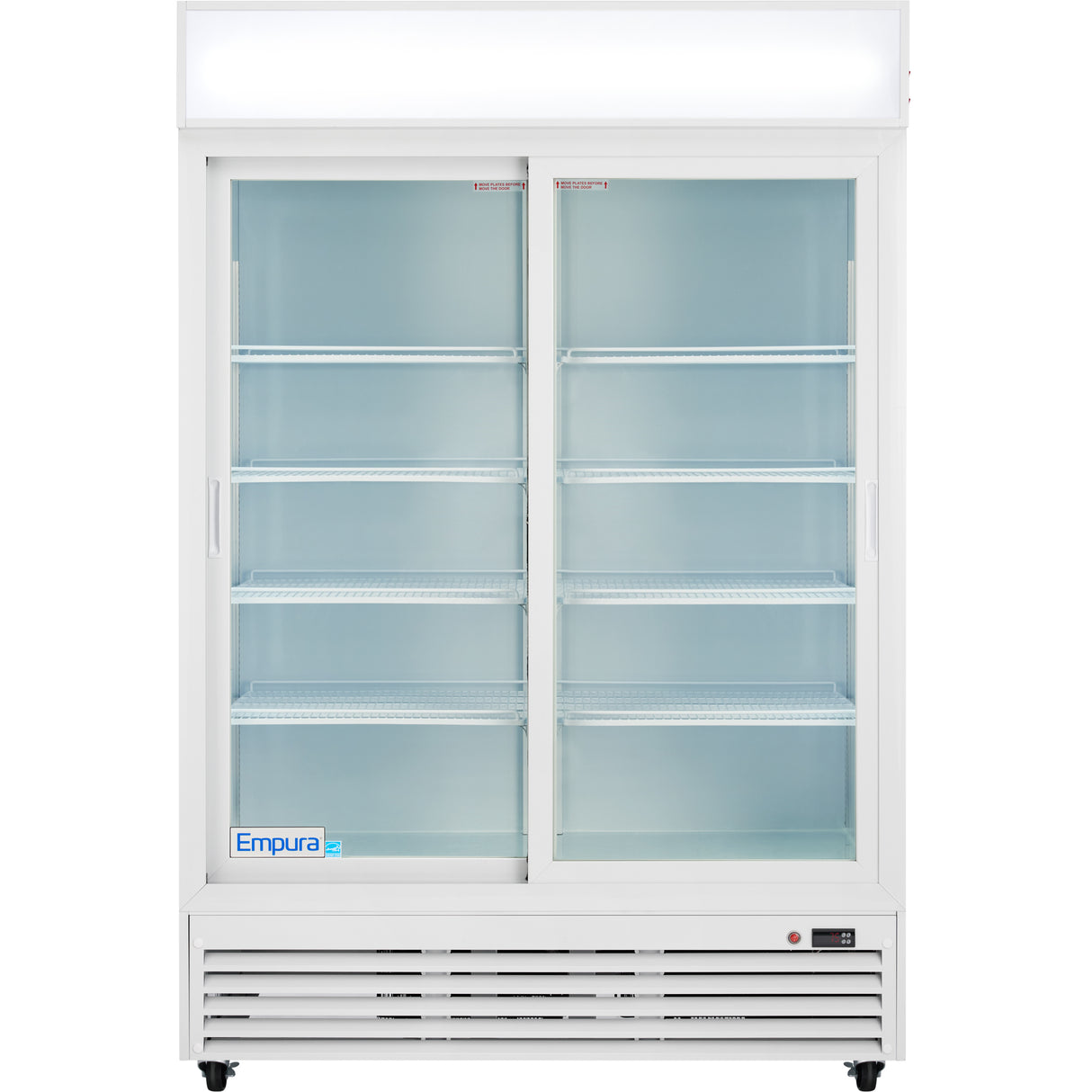 A refrigerated merchandiser featuring glass sliding doors, a white frame, and multiple empty shelves. The unit showcases the Empura refrigeration logo on the lower left door, with a lit top display and ventilation grilles at the bottom.