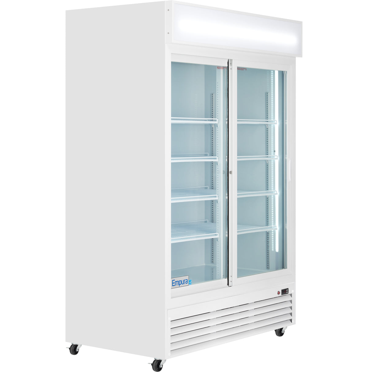A large Empura refrigeration merchandiser with two glass sliding doors, multiple adjustable shelves, LED interior lighting, caster wheels, and a top lit display panel for signage—ideal for showcasing products.