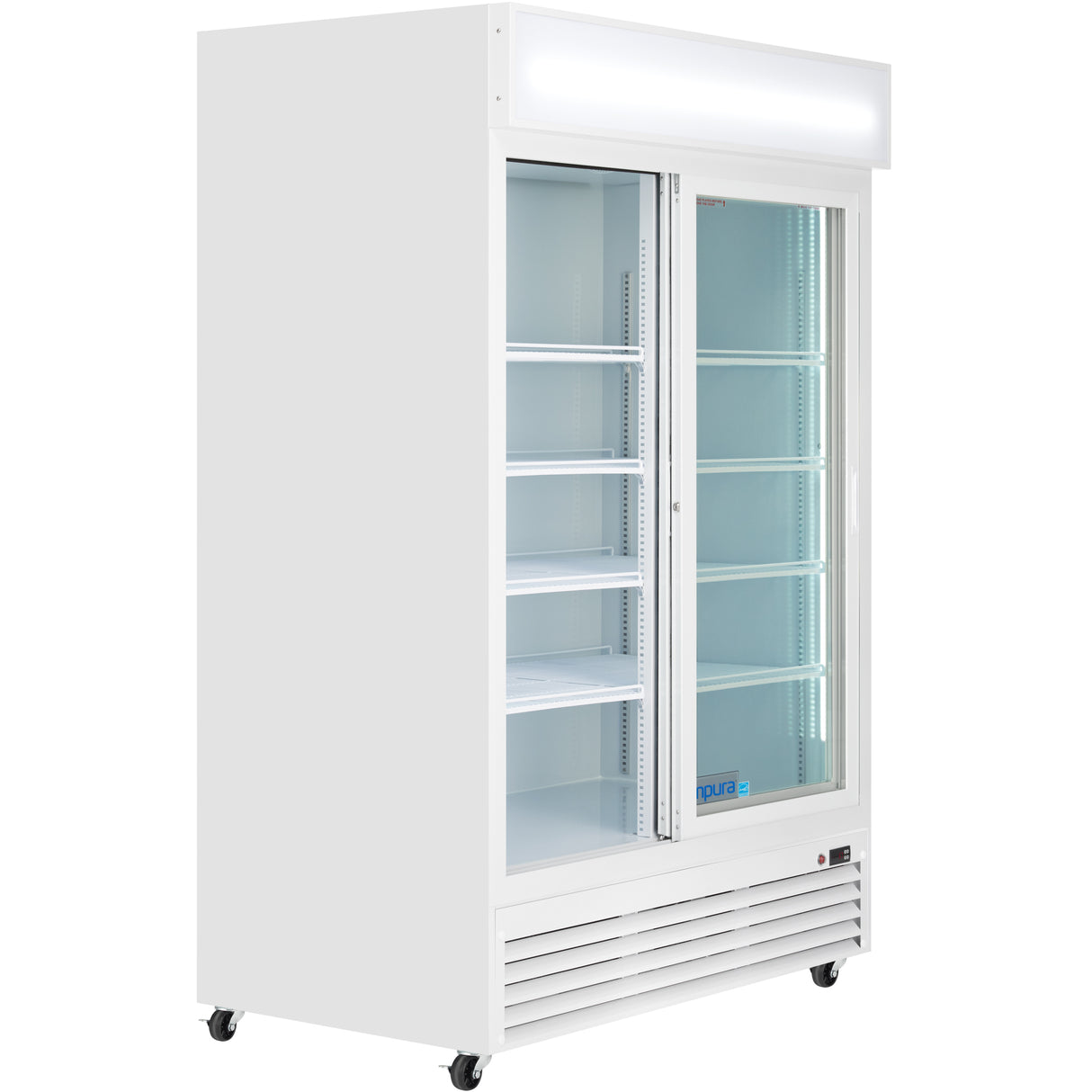 A commercial Empura refrigeration upright refrigerator with two glass sliding doors, five interior shelves, an illuminated sign panel on top, ventilation grilles at the base, and caster wheels. The refrigerated merchandiser is empty and photographed on a white background.