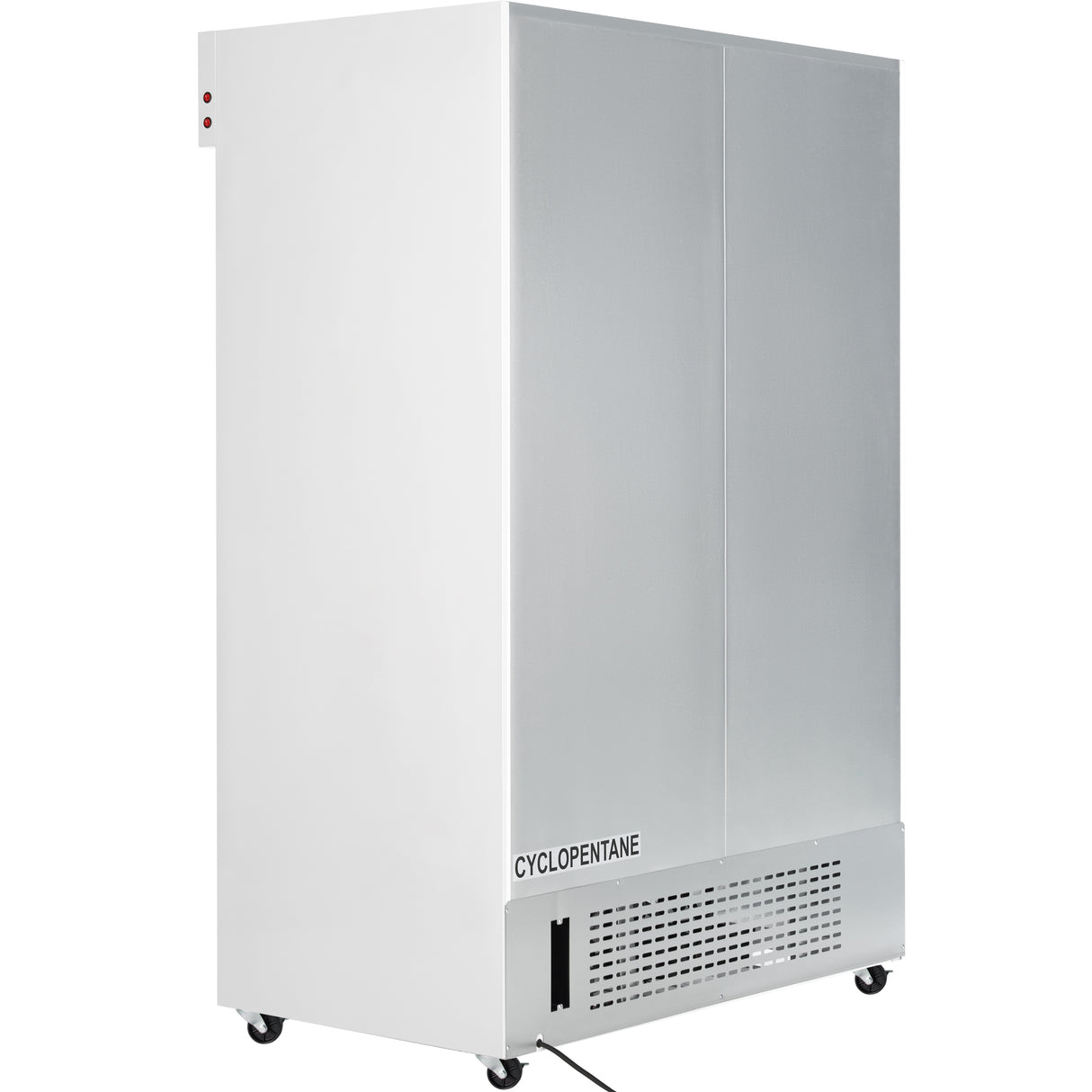 A large, upright, silver Empura refrigeration unit with smooth doors, ventilation grilles at the bottom, the word CYCLOPENTANE near the vent, small wheels, a visible power cord, and designed as a refrigerated merchandiser on a plain white background.