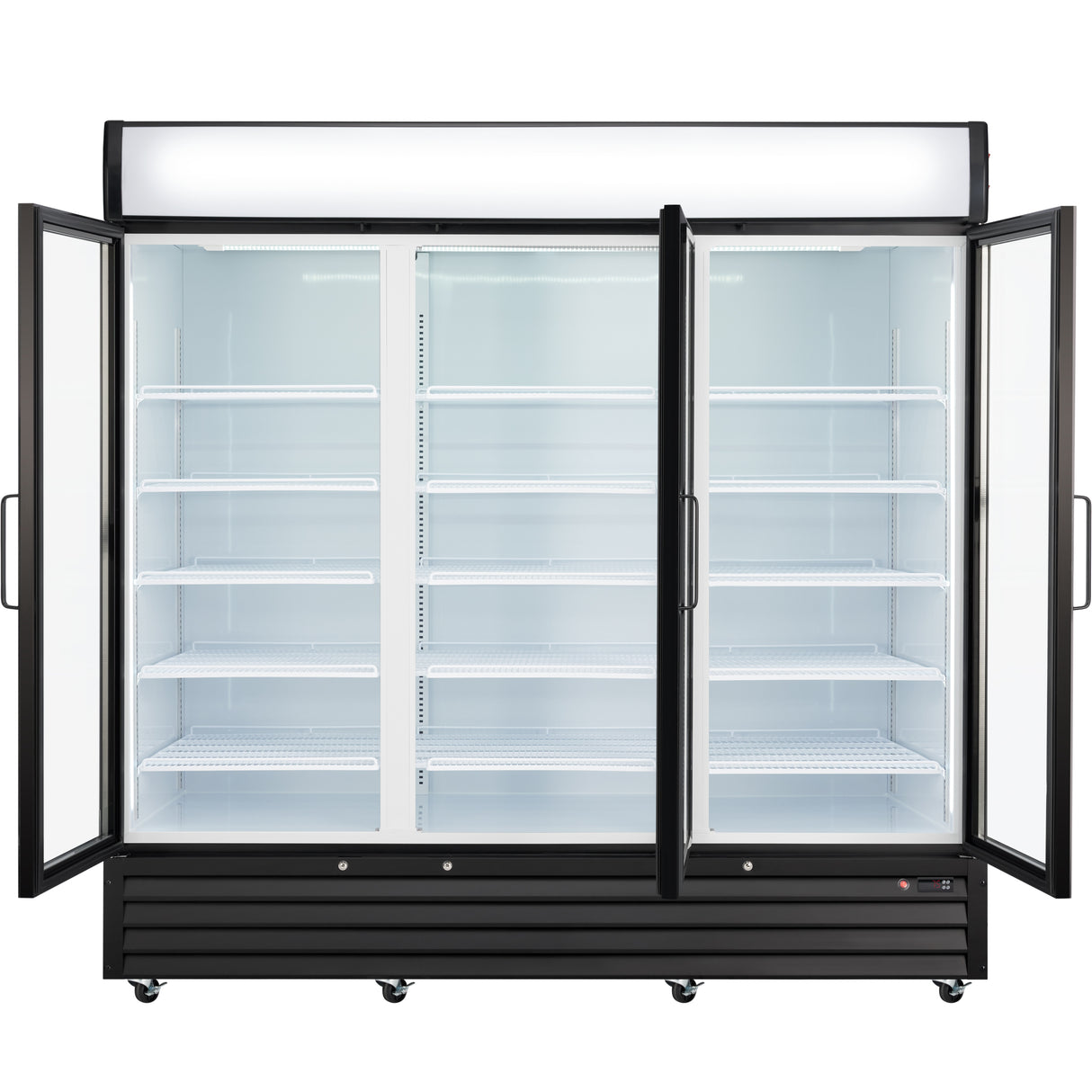 A large commercial refrigeration unit with black framing, double glass doors opened wide, and six empty white wire shelves on each side. This display cooler is brightly lit inside, stands on small wheels, and features a blank illuminated sign panel above.