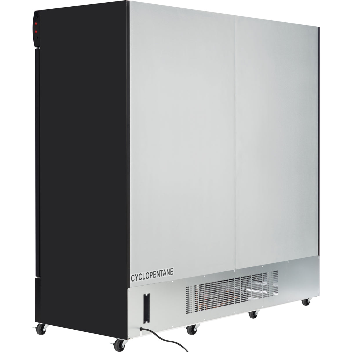 A large, rectangular commercial refrigeration unit with smooth silver doors and black sides stands on caster wheels. The lower front panel is vented and labeled “CYCLOPENTANE,” with a power cord trailing from the base.