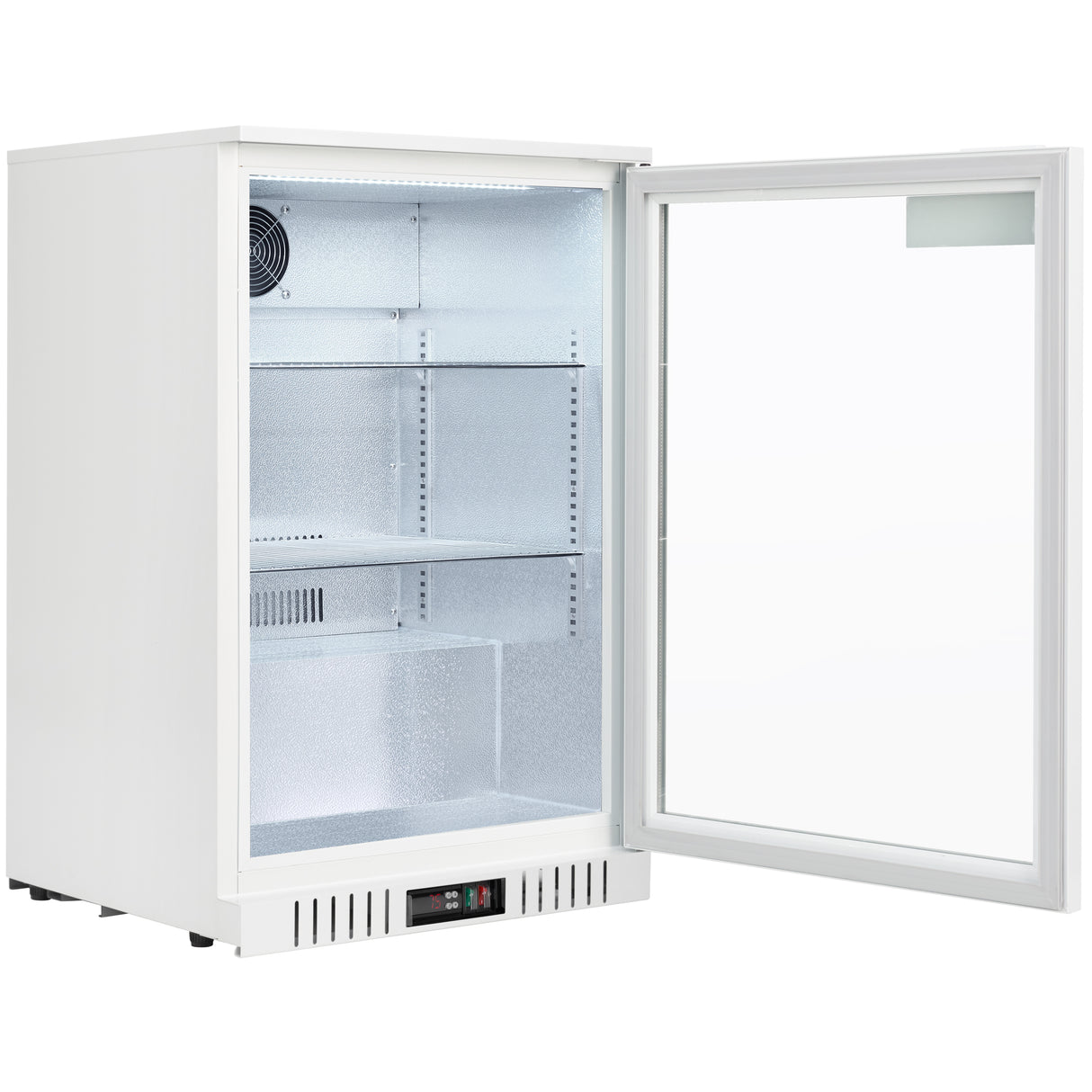 The Empura LG-138HA-W refrigerator merchandiser features a glass door, two adjustable wire shelves, and a textured interior. Its digital control panel and vent are at the bottom front, while LED lights brighten the clean countertop refrigerator.